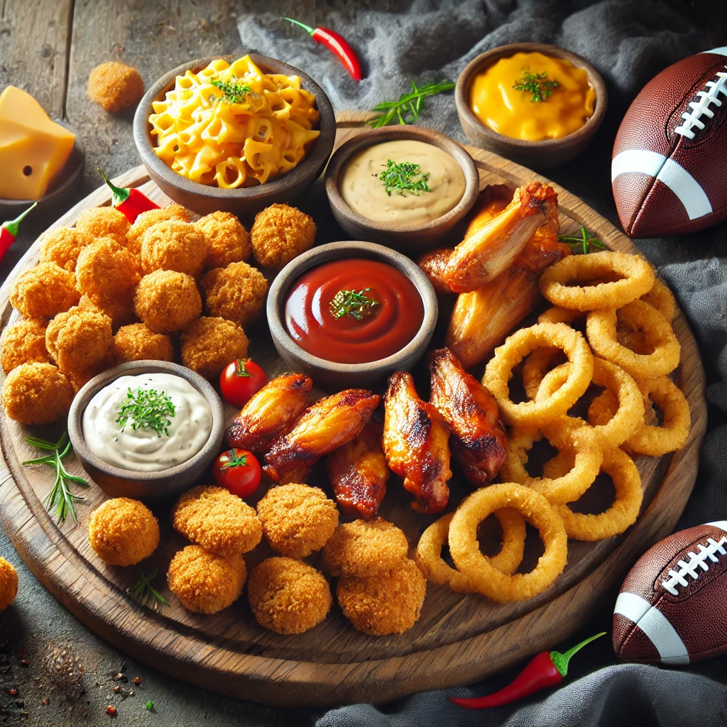 Eine leckere Platte mit verschiedenen Snacks, perfekt zum Fußball schauen. Bestehend aus selbstgemachten Käse-Nuggets, knusprigen Chicken Wings, Onion Rings, hausgemachter BBQ-Sauce und Käsesauce als Dip.